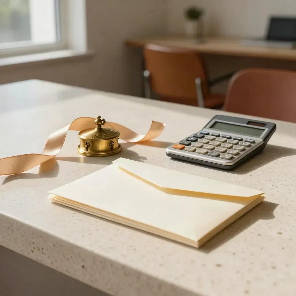 Scholarship tools on travertine: gold ribbon, laurel paperweight, calculator and envelopes in warm window light