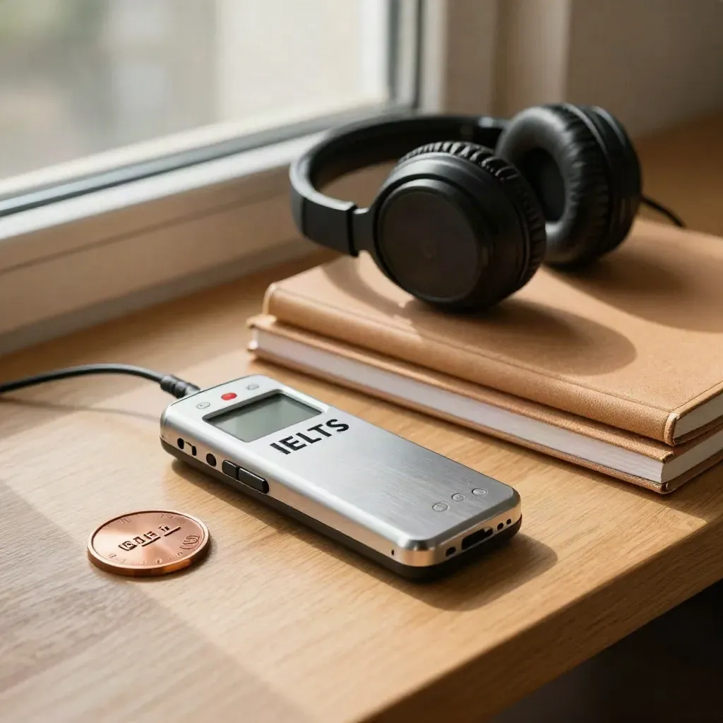 IELTS practice corner with recorder, headphones, bronze token, notebooks and warm window light