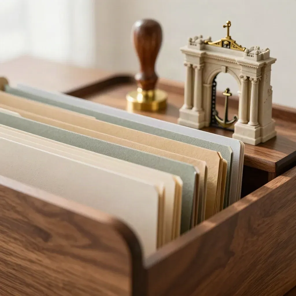 Macro of colour-tabbed admissions folders, brass stamp and miniature university gate on walnut.