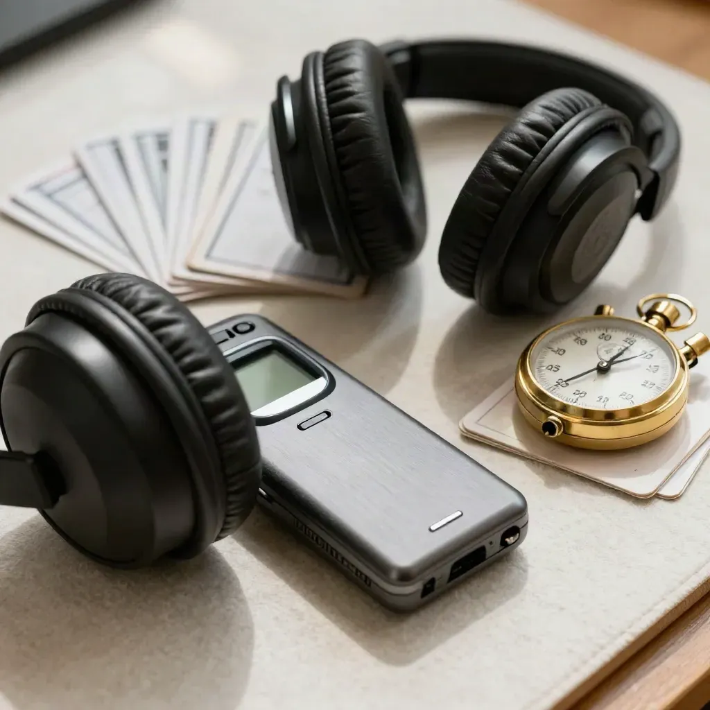 Macro of IELTS speaking drill kit with headphones, recorder, stopwatch and flashcards on felt.