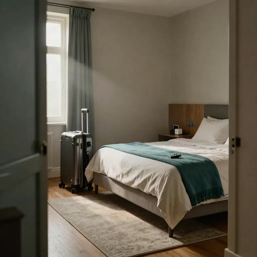 Settled student bedroom with made bed, suitcase, key fob, adapter and folded throw