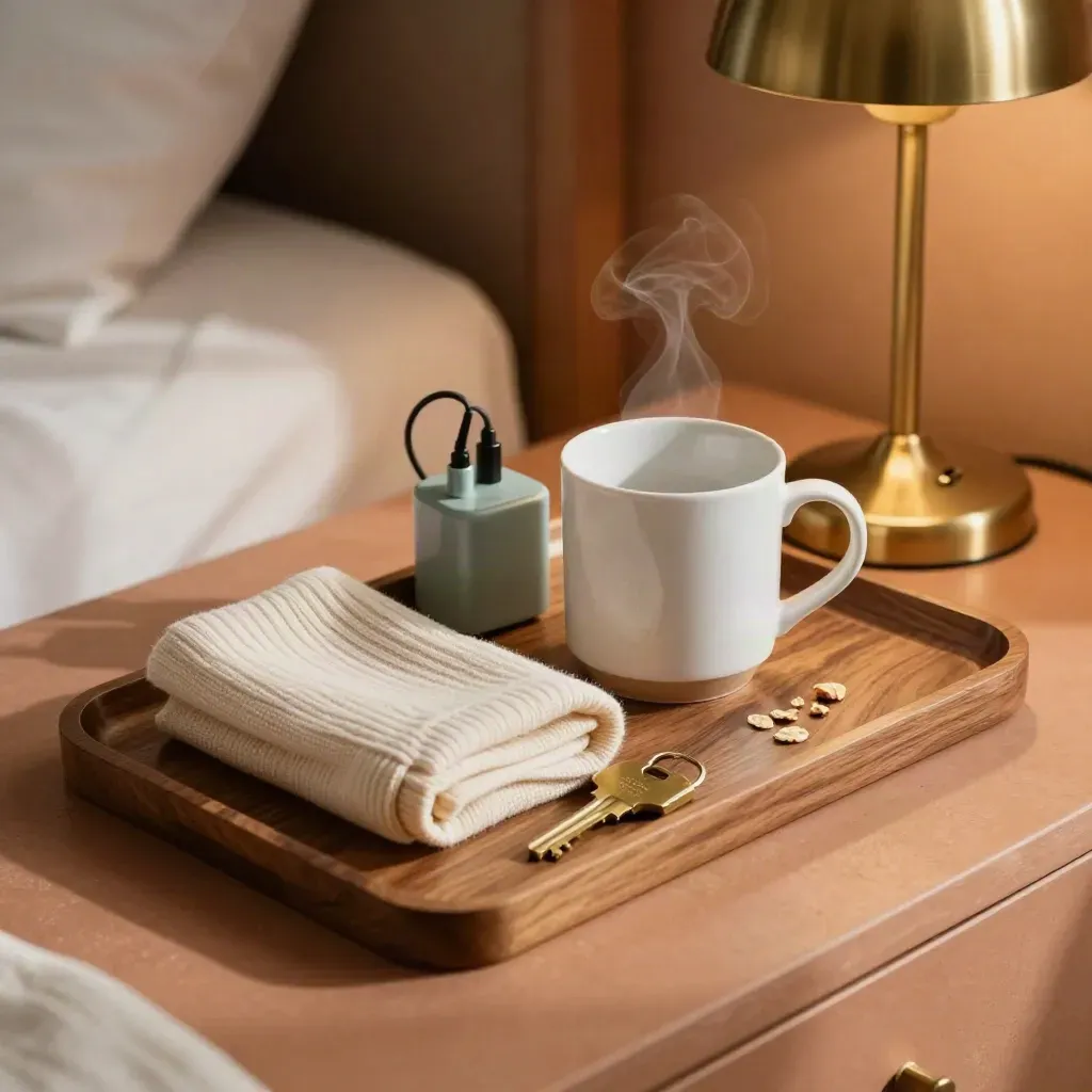 House key, steaming mug, adapter and folded throw on a bedside tray