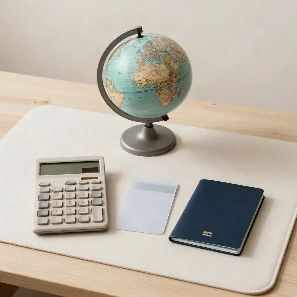 Overhead still life of a mini globe, calculator, passport cover and transit sleeve on pale wood.