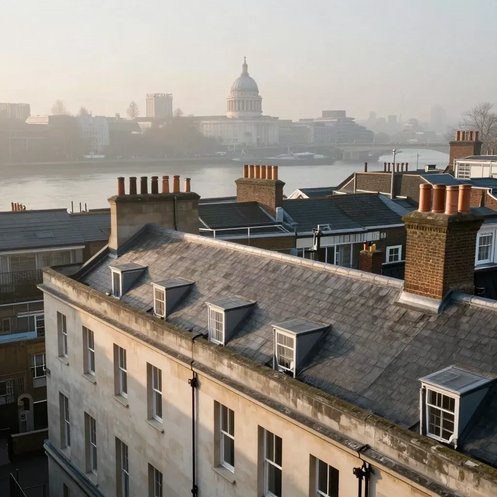 London rooftops above Thames mist at golden hour with a distant dome