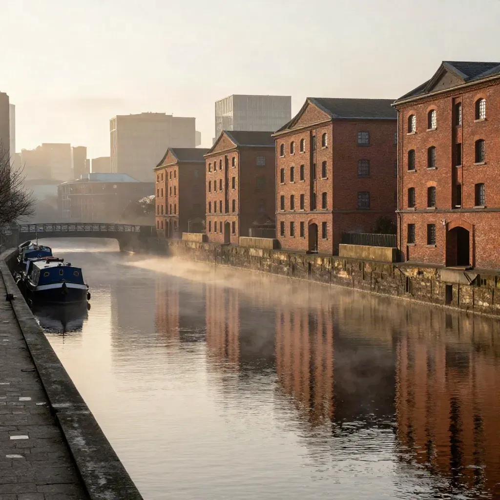 Manchester canal basins and red-brick warehouses in warm sunrise mist above calm water.