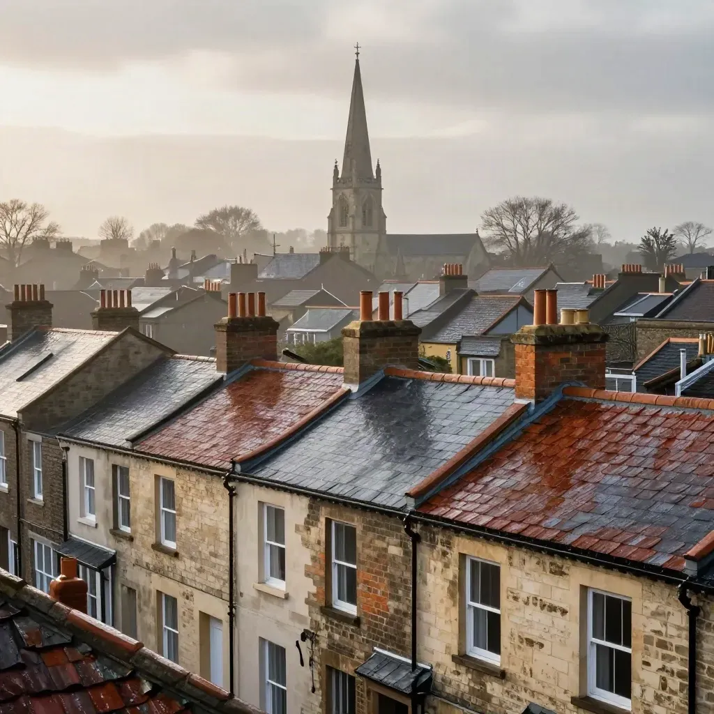 Rain-washed UK rooftops and a lone spire above a calm plaster-like field for copy