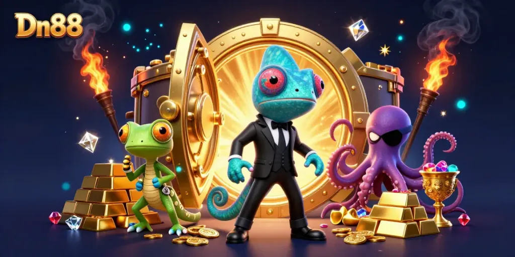 Engage with Dn88's vibrant casino adventure featuring dynamic characters and gleaming treasures.