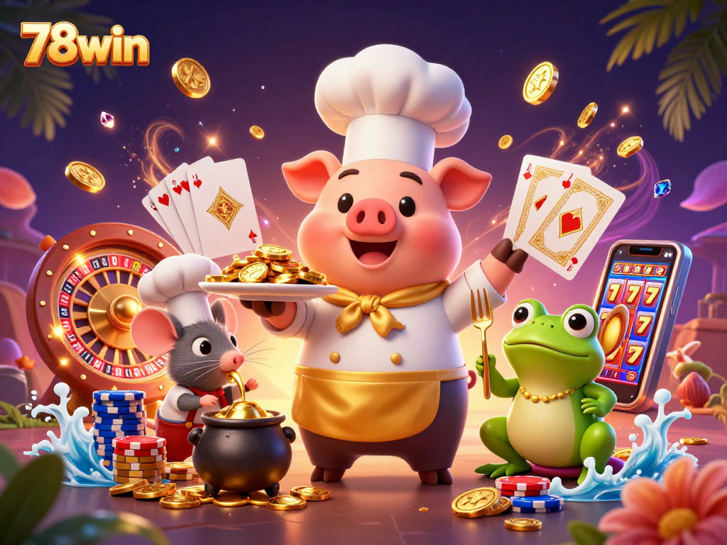 78win conveys excitement through a vibrant scene of a pig chef and friends in a lively casino atmosphere.