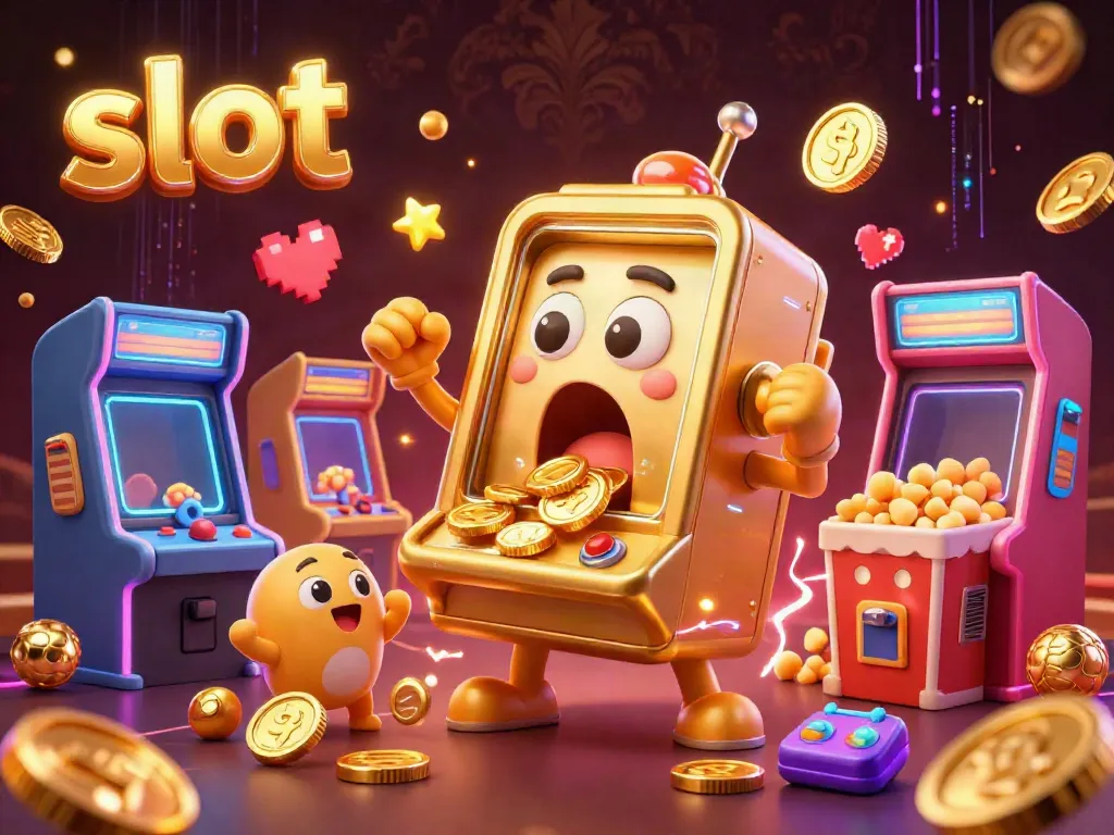Slot mesin emas yang mengeluarkan koin sambil dikelilingi oleh mesin slot kecil dan mesin popcorn, memberikan pengalaman bermain yang menarik.