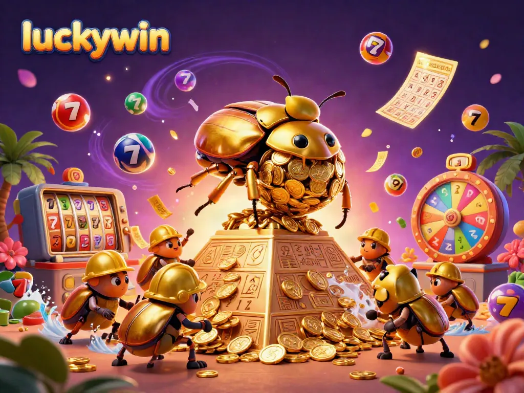 Experience winning moments at luckywin with colorful lottery balls and golden casino symbols in an exciting illustration.