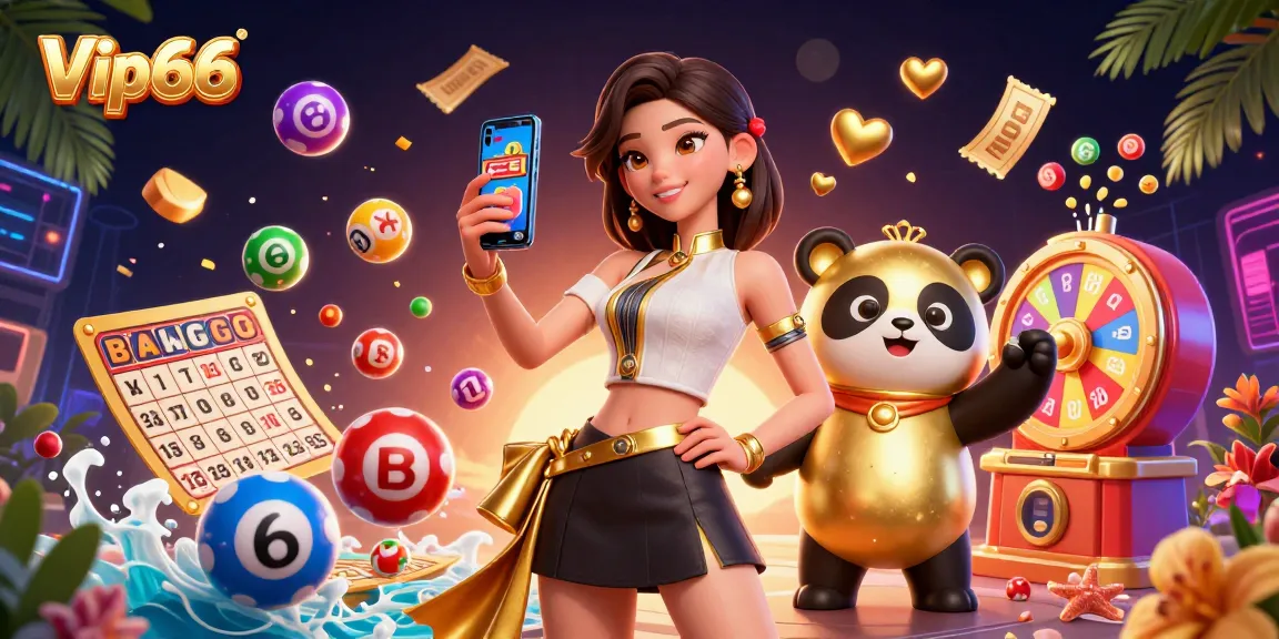 Engage with thrilling games at Vip66, featuring an elegant woman and a playful panda in a dynamic casino scene.
