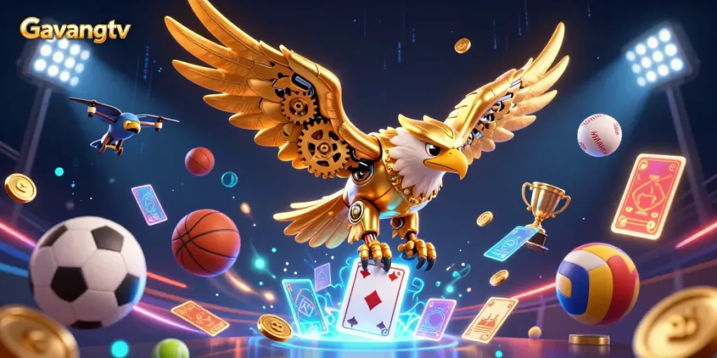 Experience thrilling sports action with Gavangtv's dynamic 3D illustration featuring a golden eagle.