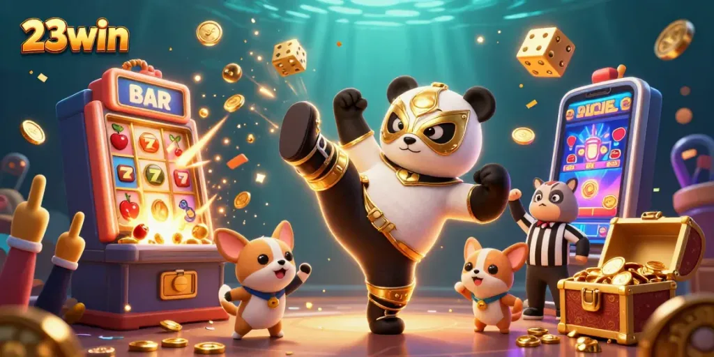 Experience thrilling gameplay at 23win with a lively casino scene featuring animated characters.