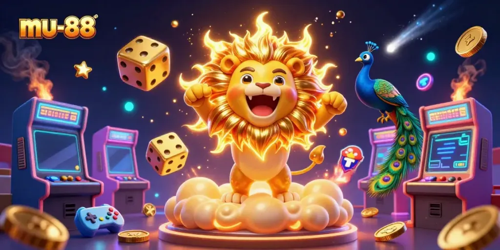 Engage with mu-88 in a vibrant digital casino scene featuring a roaring lion and dazzling game elements.