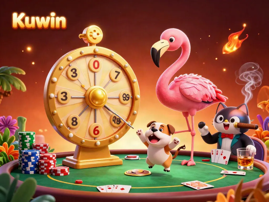 Kuwin elevates excitement in an animated casino scene with vibrant characters, showcasing dynamic gameplay elements and colorful prizes.