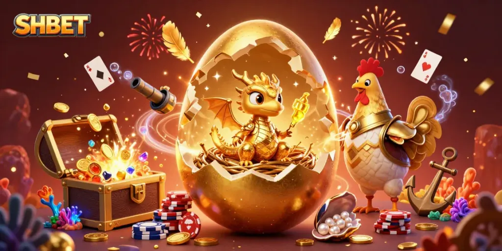 Experience thrilling gameplay at SHBET with a golden dragon and poker chips amid a vibrant celebration.