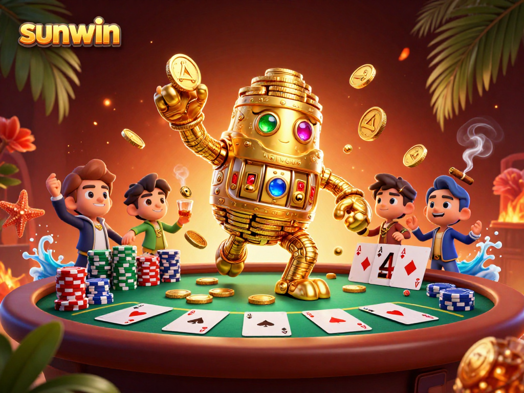 Experience sunwin's thrilling gambling excitement with a golden golem and vibrant poker scene.