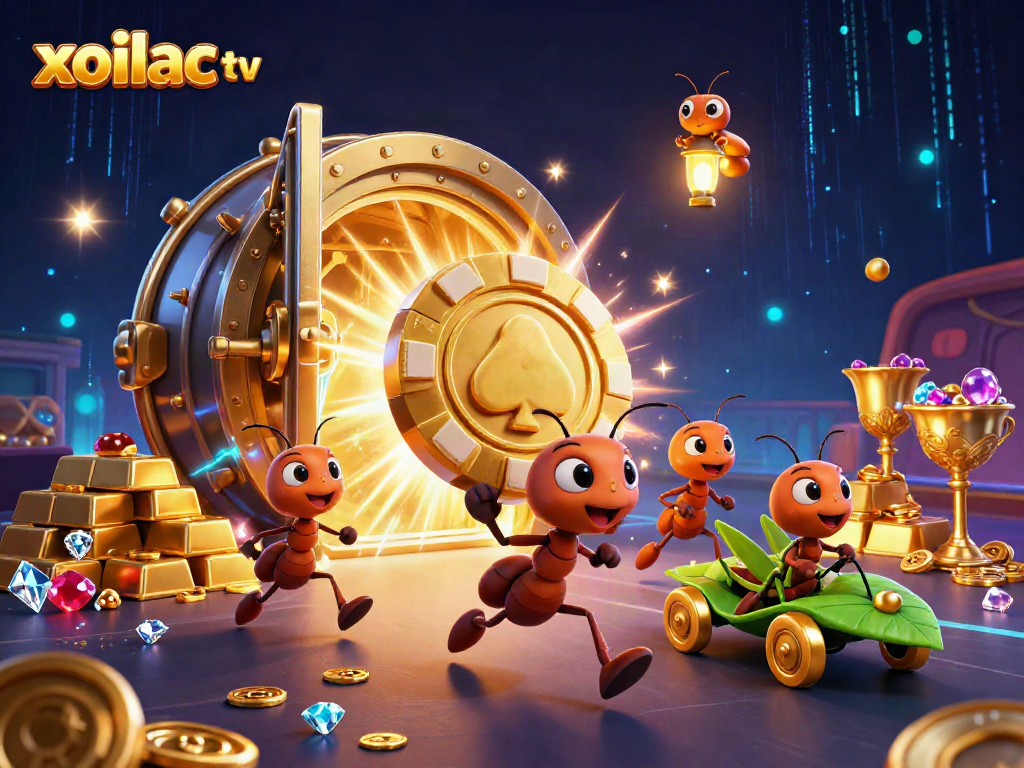 Xoilac TV showcases a heist scene with ants stealing a giant poker chip in a dazzling casino.