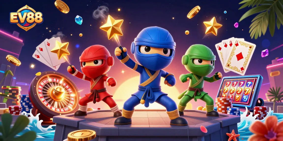 Experience thrilling gaming with ev88 as ninja chameleons soar through a vibrant casino scene.