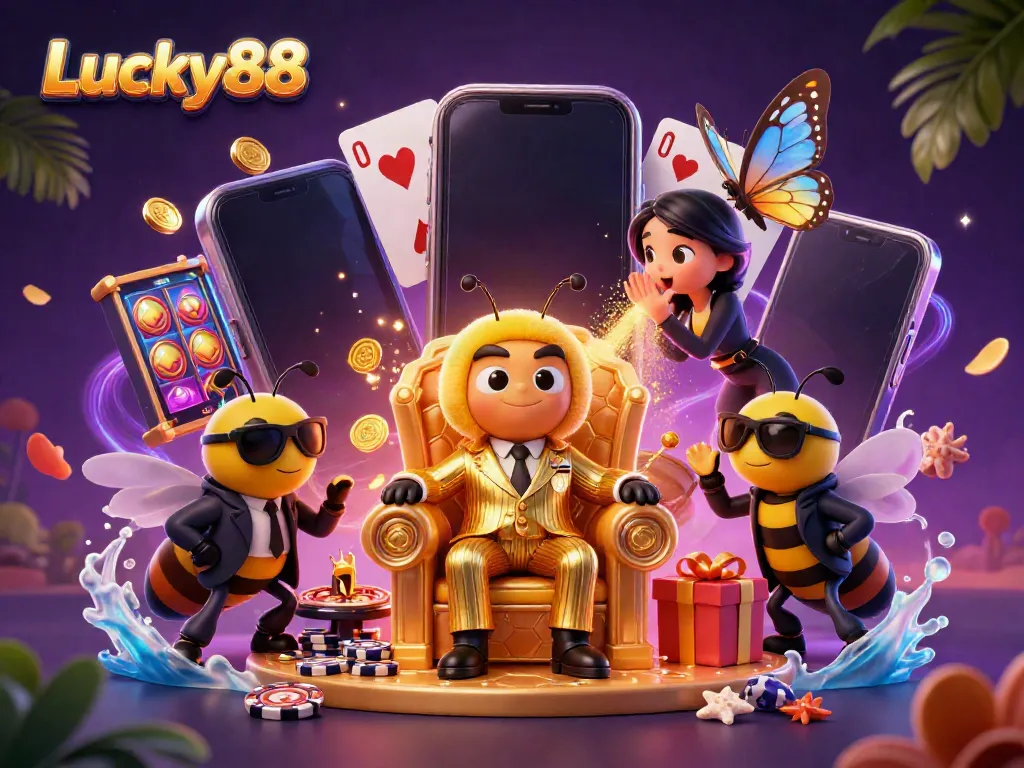 Engage in thrilling gaming action at Lucky88, featuring an animated bumblebee mob boss among casino-themed elements.