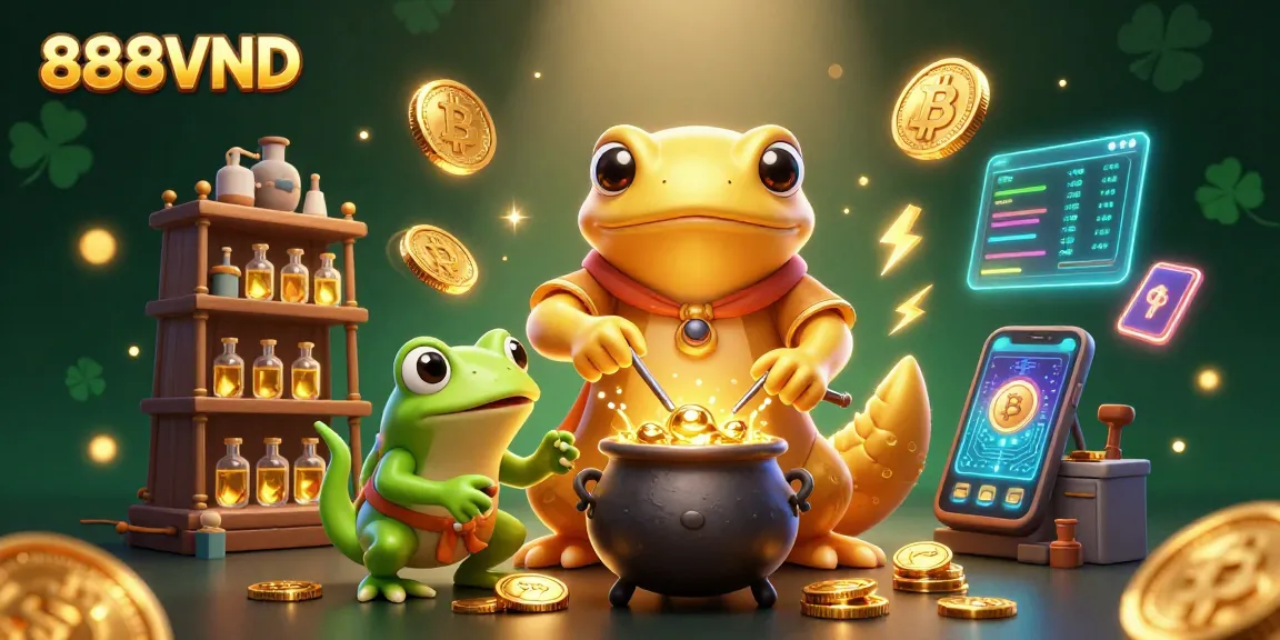 Experience 888VND online gaming featuring unique characters in a mystical lab with glowing crypto elements.