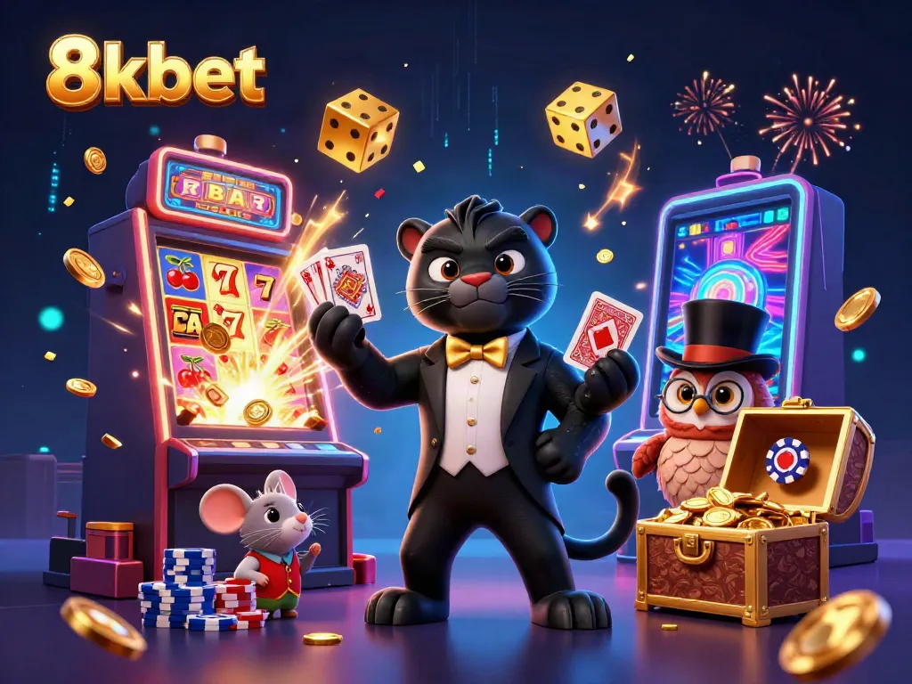 Experience exciting gameplay with 8xbet as a black panther deals cards amidst casino elements.