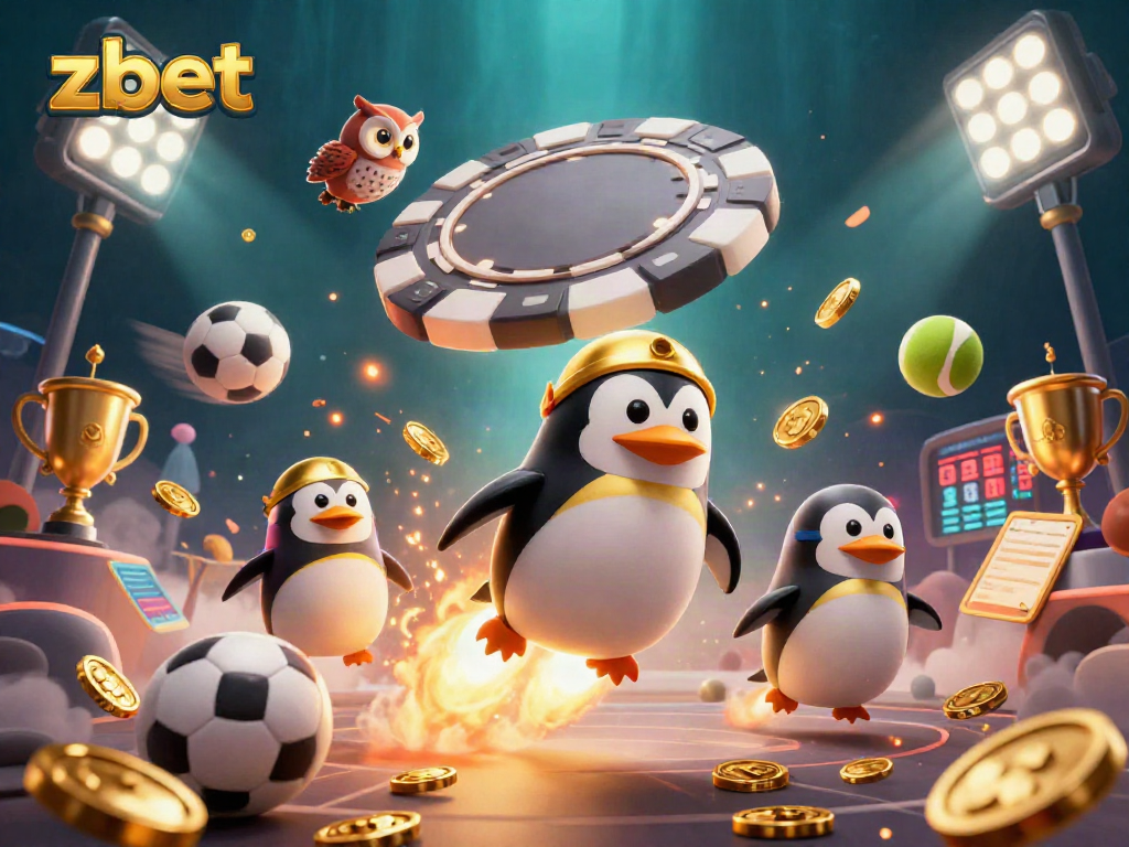 Zbet features a dynamic 3D golden penguin launching into a casino-themed space adventure.