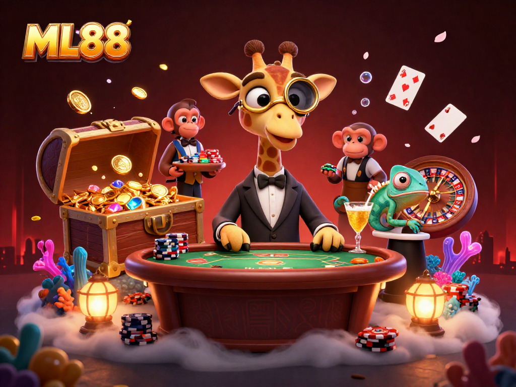 Engage in thrilling gambling at ML88 with a giraffe high-roller and vibrant casino elements.