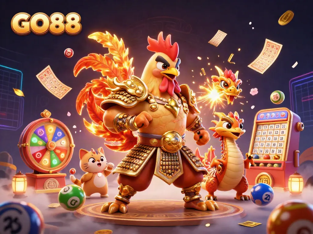 Engage in the thrill of GO88 with a dynamic 3D illustration featuring a rooster warrior, dragon hatchling, and lucky cat celebrating the exciting gaming experience.