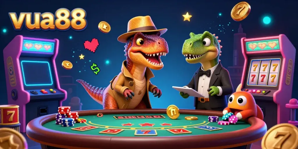 Experience the thrilling energy of vua88 with a playful velociraptor card counter amidst vibrant casino games.