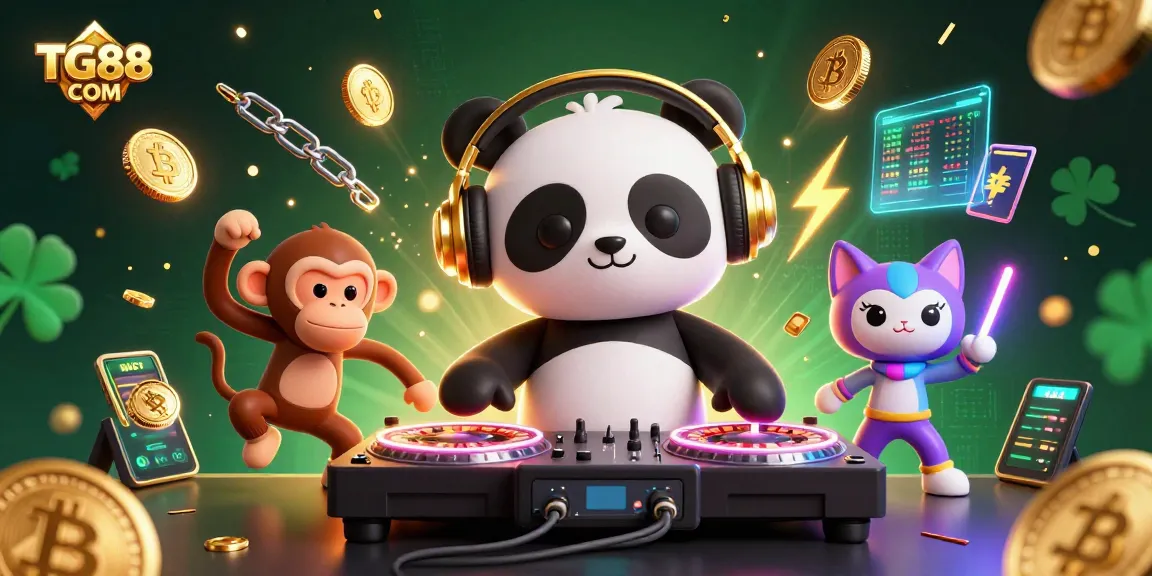 Experience thrilling gaming at TG88 COM with an energetic DJ panda, dancing monkey, and rave kitten.