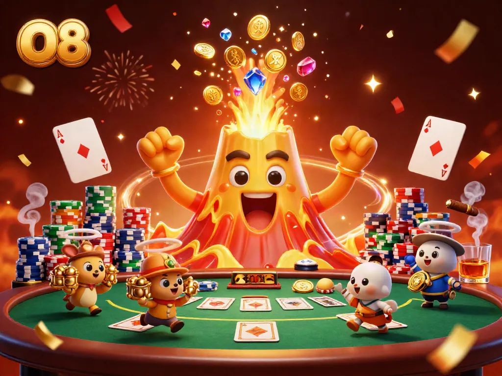 Experience thrilling action at O8 as the golden volcano erupts with treasures during an energetic casino scene.