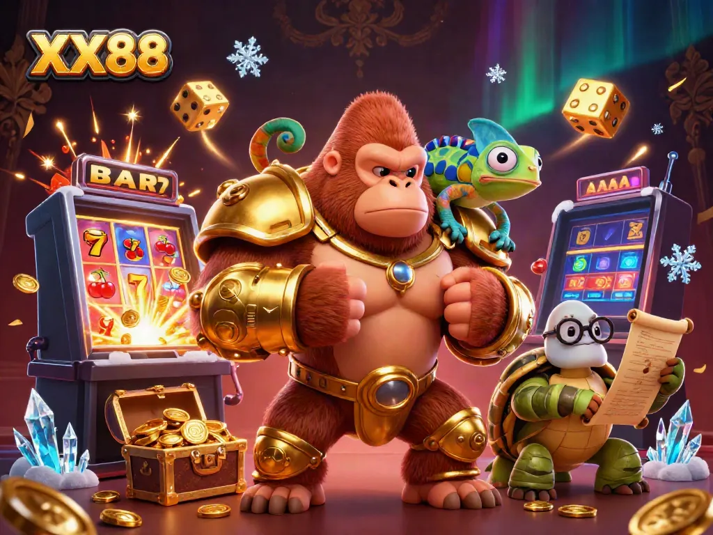 Experience thrill at XX88 with vibrant casino elements alongside cartoon characters in a dynamic scene.