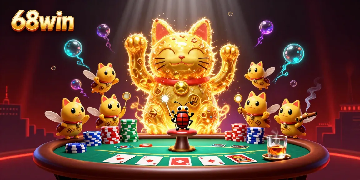 Engage in thrilling gambling excitement with 68win as golden fireflies create a lucky cat, surrounded by poker elements.