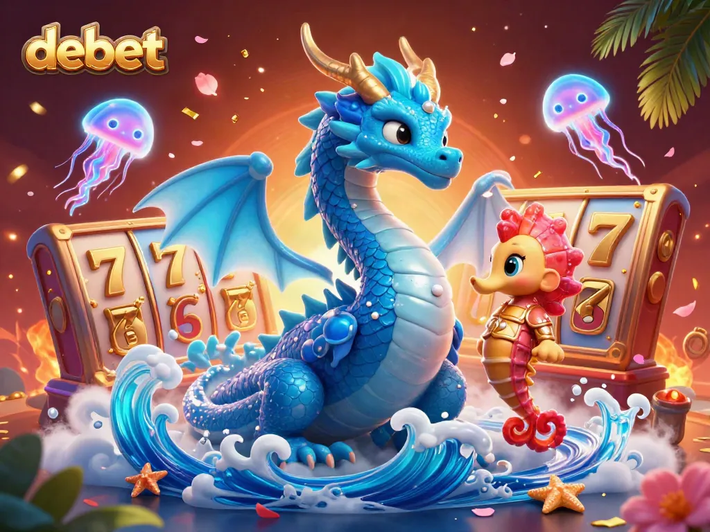 Engage in thrilling gameplay at DEBET, surrounded by mystical creatures and vibrant casino elements.