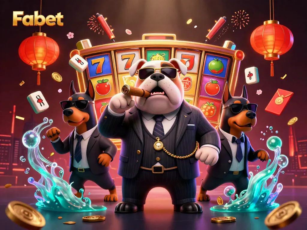 Experience the thrilling world of Fabet with a mafia boss bulldog and two Doberman bodyguards, surrounded by vibrant casino elements.
