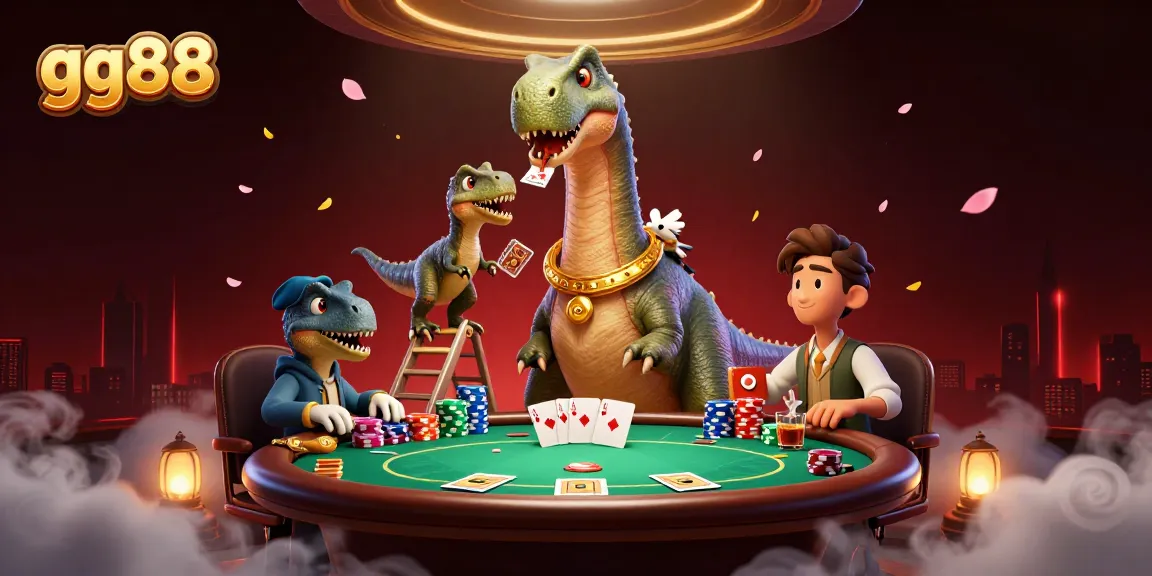 gg88 features a giant cartoon brontosaurus above a poker table, with dynamic gaming elements.