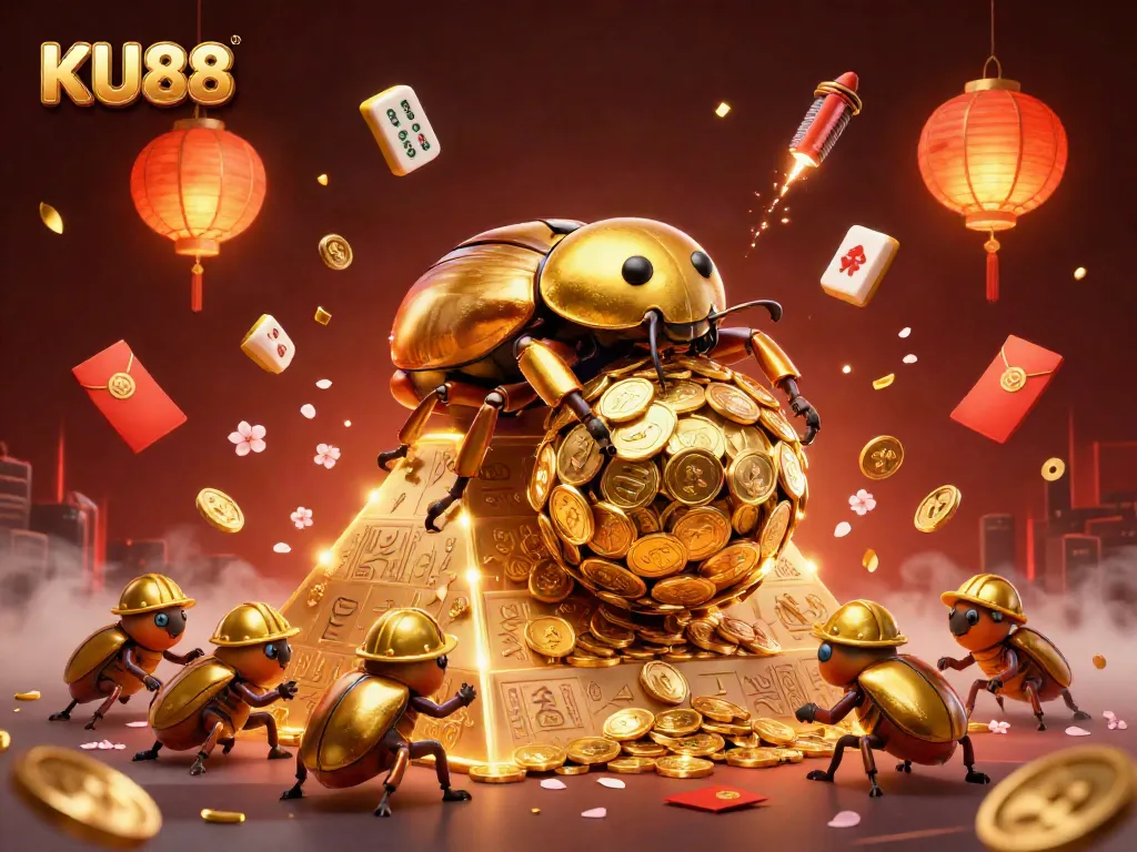 KU88 showcases a vibrant casino theme with golden beetles, glowing elements, and dynamic gaming symbols.