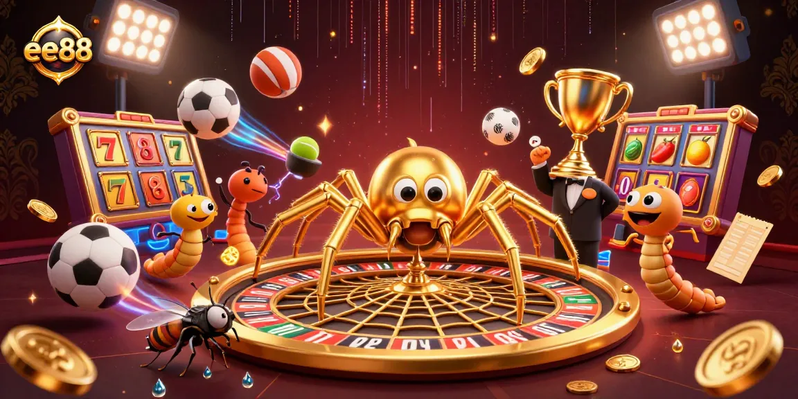 ee88 casino illustration featuring a golden spider and fly amid vibrant slot game elements