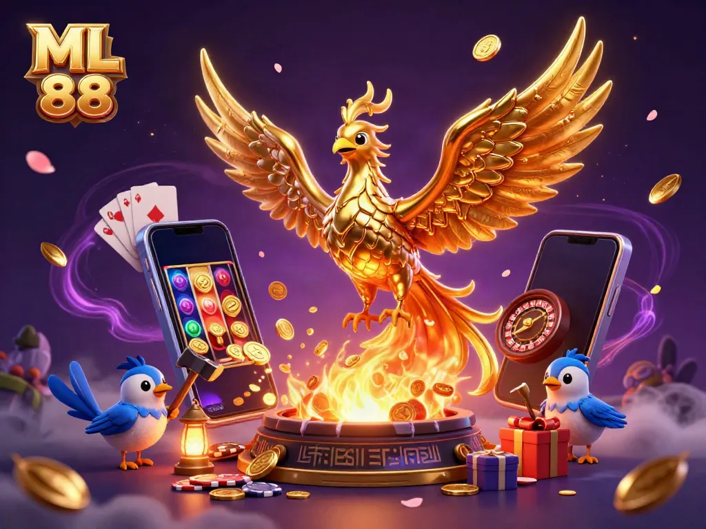 Experience thrilling gameplay at ML 88 with golden phoenix gaming symbols and rich casino elements.