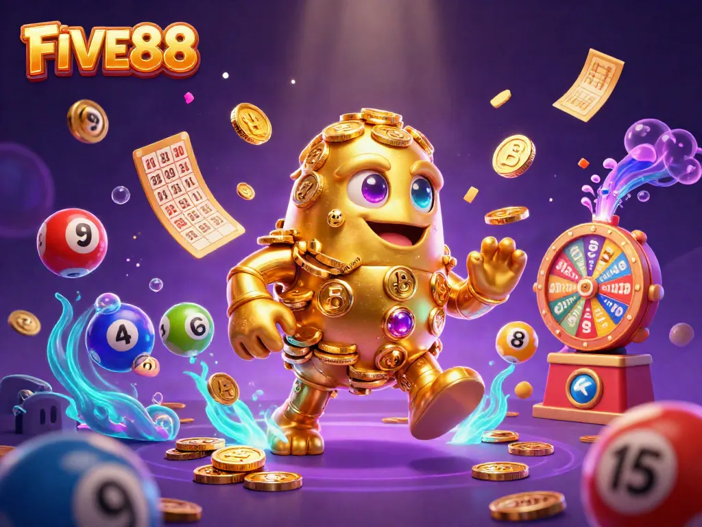 Experience the excitement at FIVE88 with the dynamic golden golem and vibrant lottery elements.