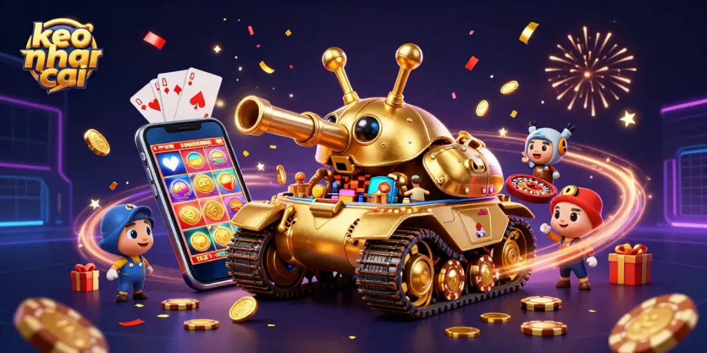 Engage with keo nha cai's vibrant casino experience featuring a massive golden beetle tank and dynamic gaming elements.