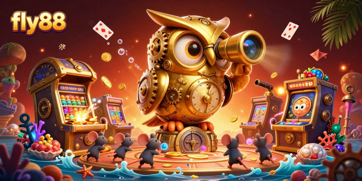 Engage with fly88's vibrant casino scene featuring a golden owl and dynamic elements.