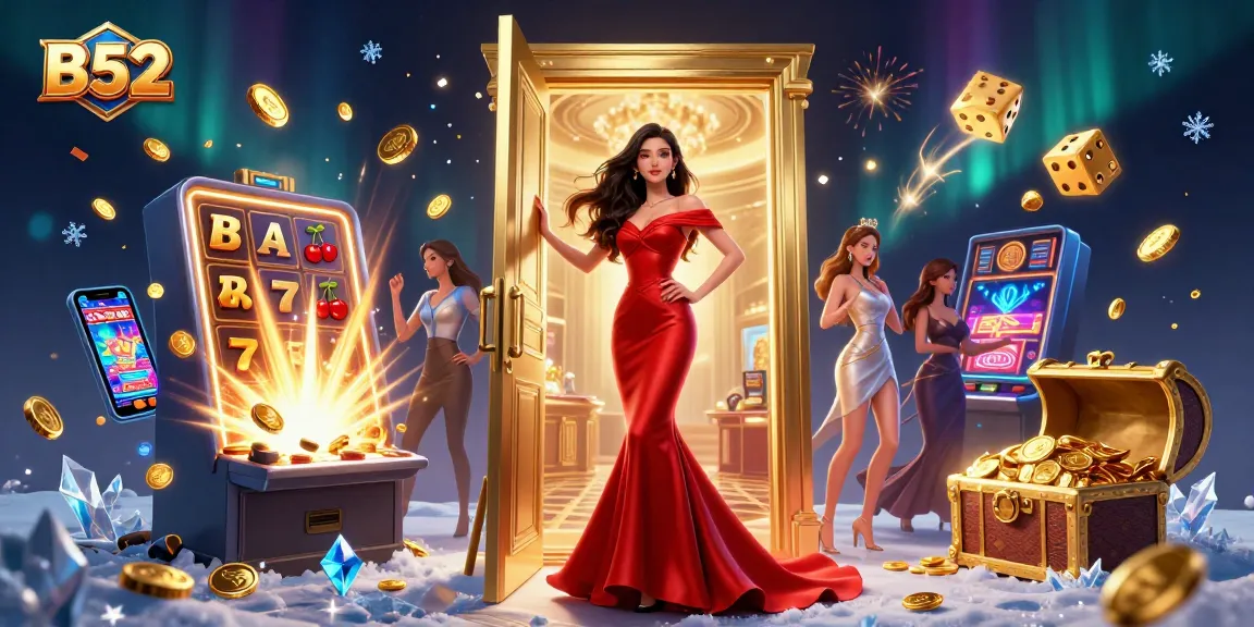 Play B52 games in a vibrant casino scene with a beautiful woman in a red gown and dynamic slot elements.