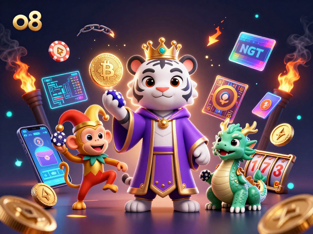 Play slots and win big at o8 with the animated tiger and monkey in a vibrant casino scene!