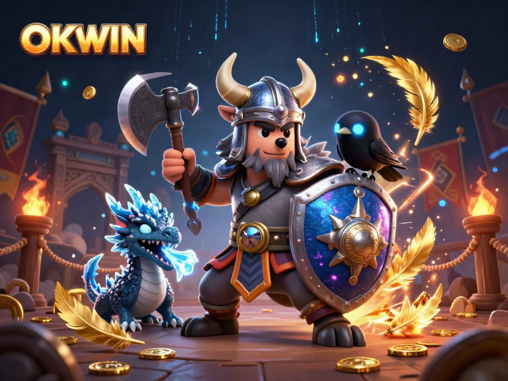 Win big at OKWIN with a fierce Viking warrior, dragon, and raven amidst gold and vibrant casino elements.