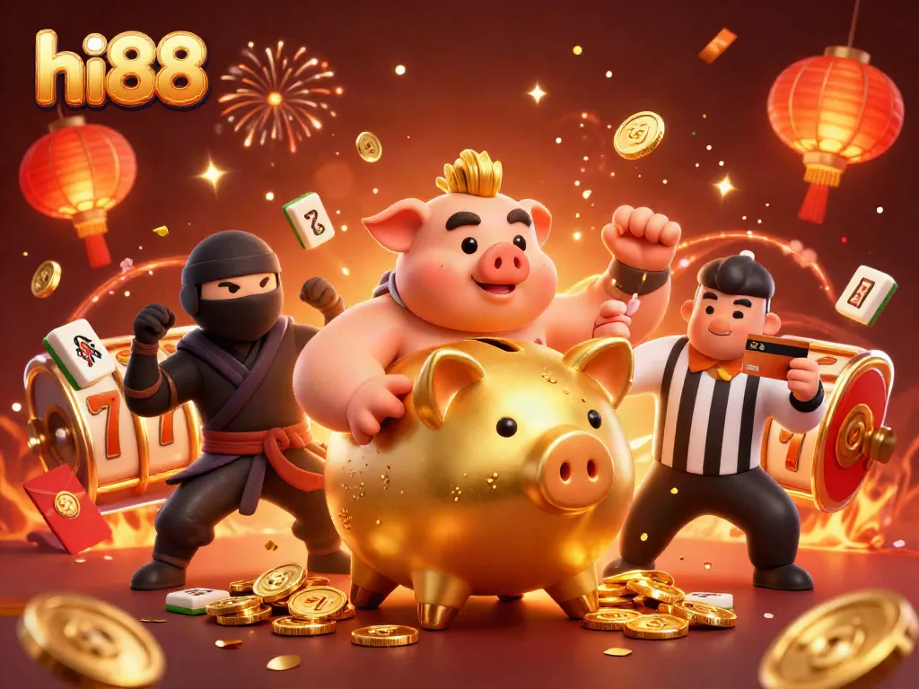 Experience thrilling wins at hi88 with the vibrant illustration of a golden piggy bank sumo wrestler amidst casino elements.
