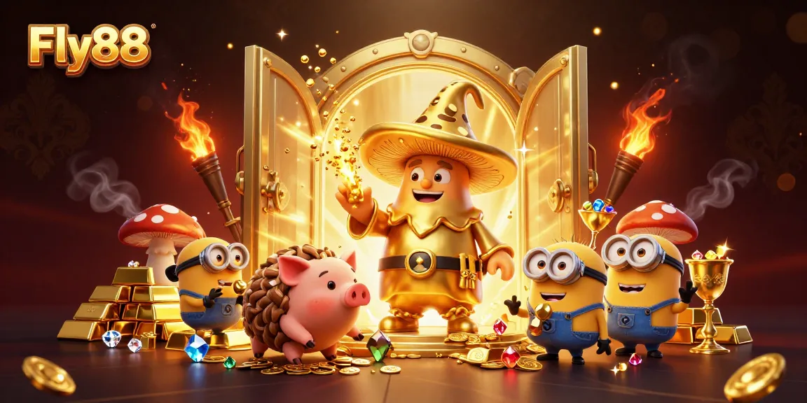 Spin the reels at Fly88 with the magical wizard channeling treasure amidst golden riches.