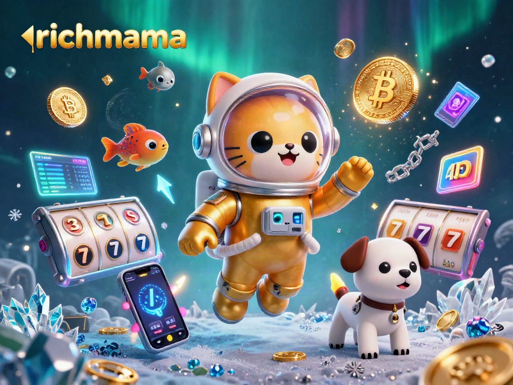 Experience richmama's exciting slots with a 3D astronaut cat in a cosmic casino scene.
