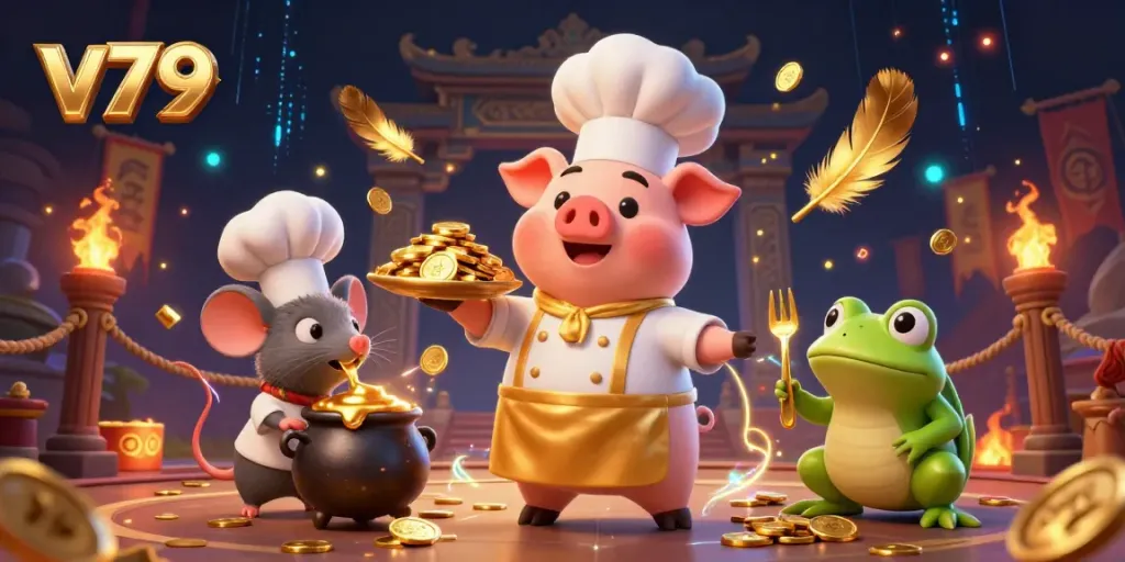Experience the excitement of v79 as a chef pig serves gold coins in a vibrant casino scene.